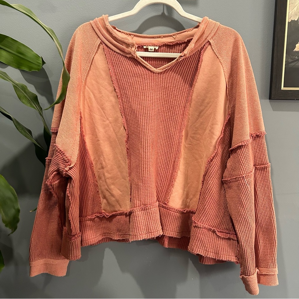 POL Patchwork Waffle Knit Hoodie in Coral